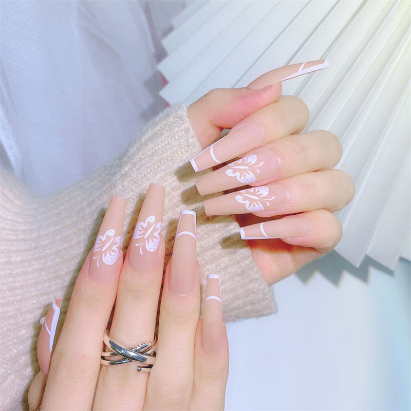 24Pcs/Box White French Fake Nails Press on Long XL Length Rhinestone Design False Nails Full Cover Acrylic Nail Tips