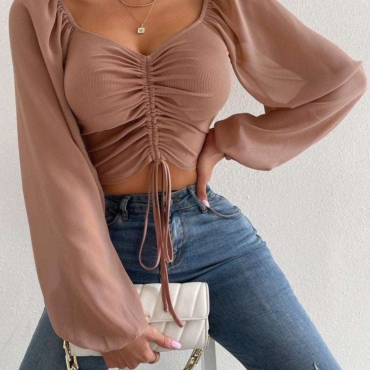 Sexy V-neck Women T Shirt Casual Drawstring Crop Tops Tee Ladies Blusas Summer Short Tshirt Woman Clothes Long Sleeve T Shirt coffee