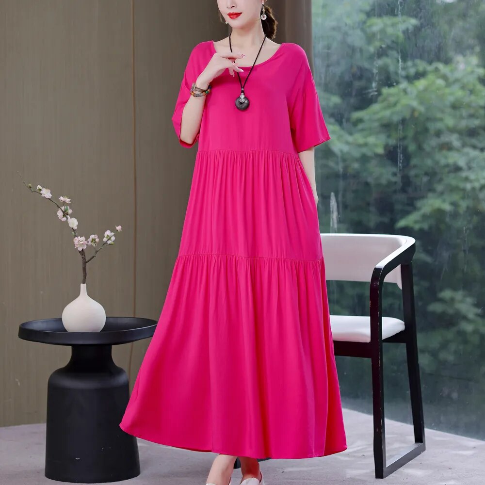 New Fashion Causal Summer Dresses For Women Loose Solid Long O-neck Dress Vintage Short Sleeve Womens Clothing Rose Red