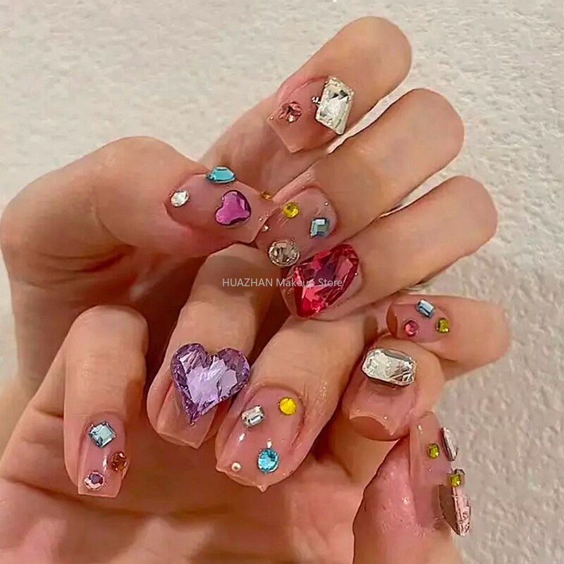 Colorful Glittery Rhinestone Press On Nails Y2K Handmade Long CoffinFalse NailsTips Reusable Fake Nail With Glue Manicure Gift