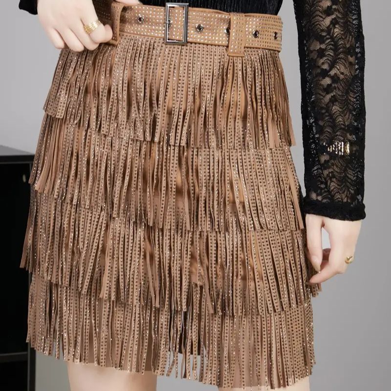 Women Skirt Fashion New Autumn High Waist Belt Multi Layer Short Heavy Drilling Rhinestones Fringed Skirt with Cake A Line