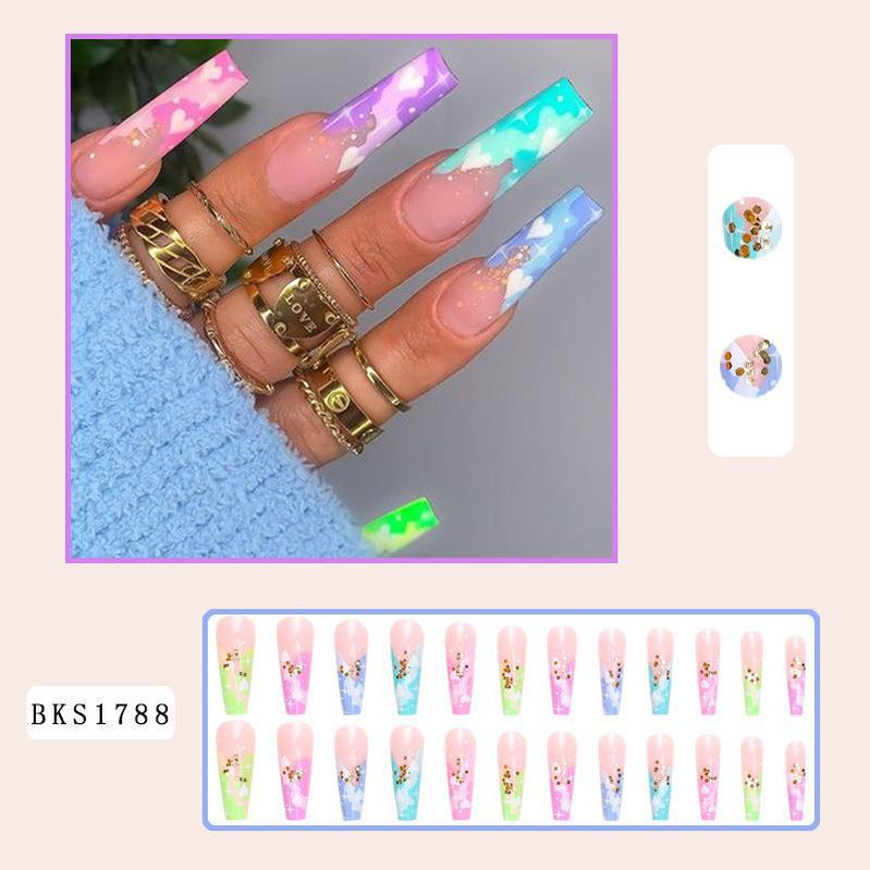 3D fake nails accessories rainbow heart with glitters long french coffin tips faux ongles press on acrylic false nail supplies