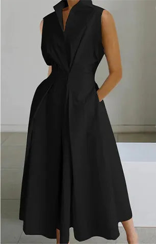S-5XL Korean Fashion Long Sleeve Shirt Dress Chic Turndown Neck Ruched Maxi Dress Women Autumn Winter Clothes Streetwear Sleeveless-4