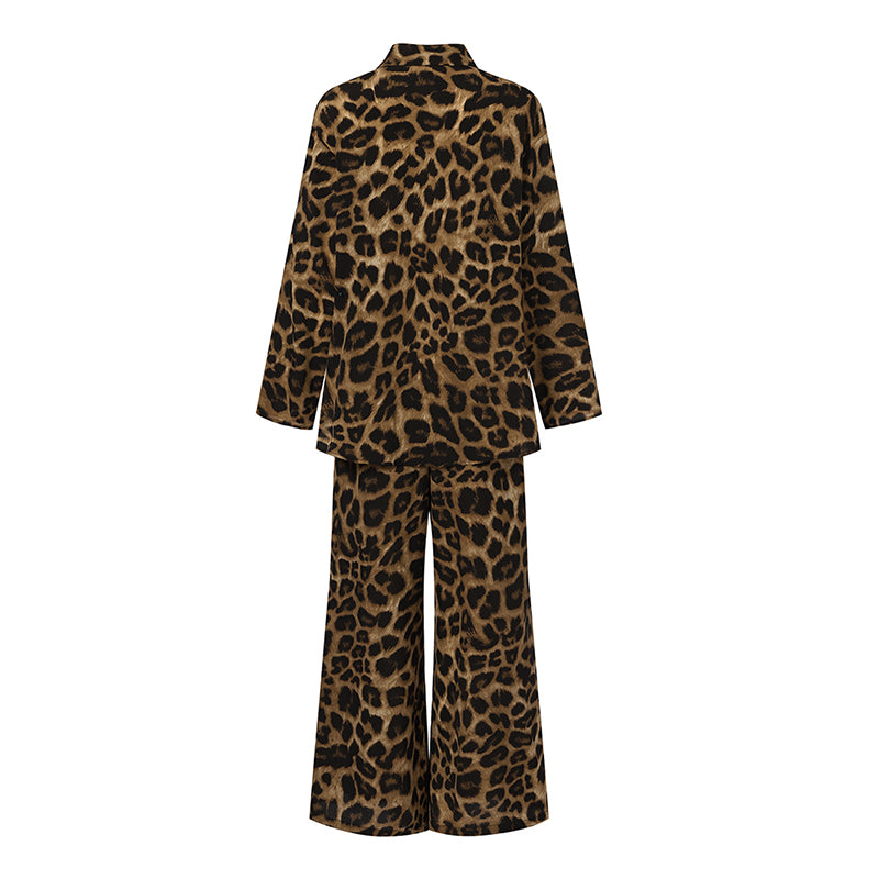 Fashion Women Leopard Print Pant Sets Casual Loose Tops and Pant Outfits Autumn Wide Leg Pant Leisure Two Piece Sets