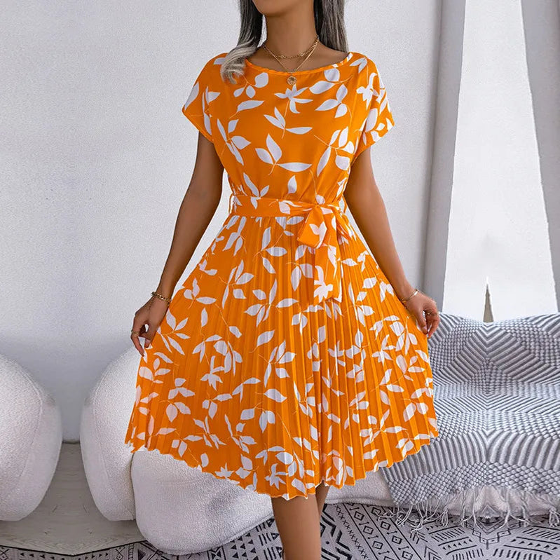 Fashion Floral Pleated A Line Long Dress Women Spring Summer Short Sleeve High Waist Chic Dress Yellow Leaf
