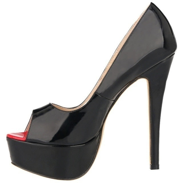 Women Pumps Sexy Platform Peep Toe 14cm Extremely High Heels Woman Patent Leather Nighclub Red Wedding Shoes Gradient Stiletto Black