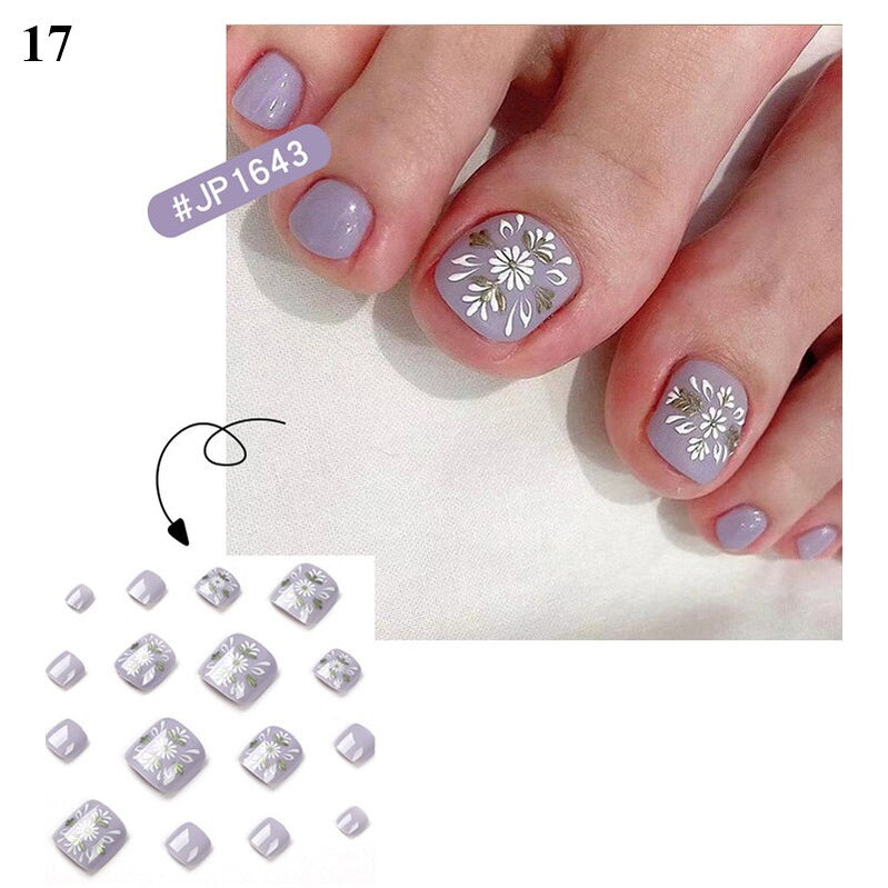 False Toenail 24Pcs/Box Toe Nail 3D Glitter Decor Press On Fake Nails With Glue Detachable Square Short Full Cover DIY Nail Tips 17
