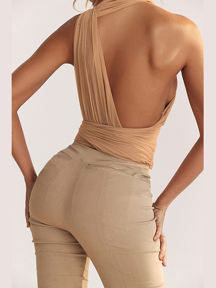 Fashion Bodysuit Sexy Halter Backless Hollow Jumpsuit Gauze Stitching High Waist Bodysuit Women's Statement Streetwear