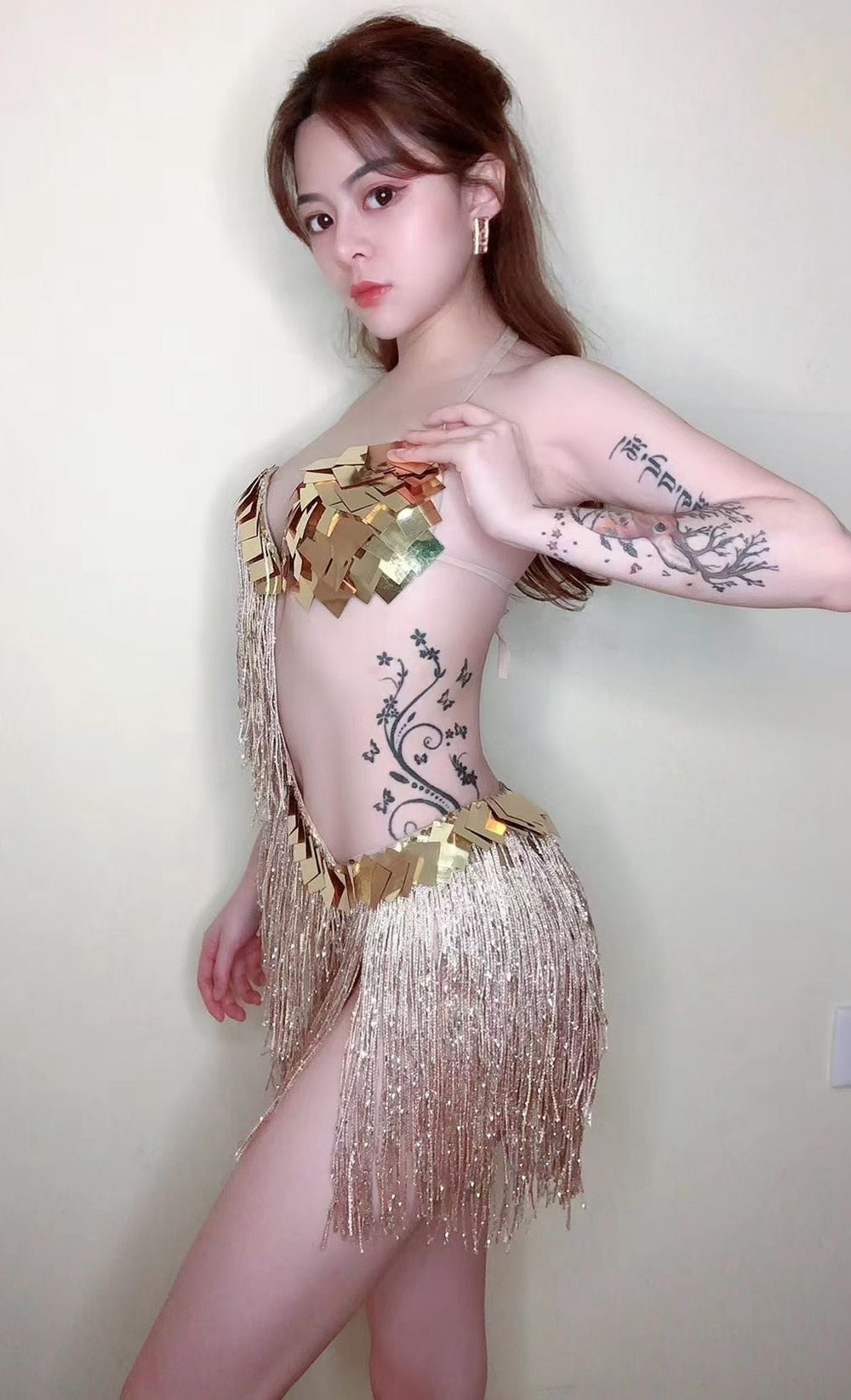 Sparkly Gold Sequins Fringes Dress Women Nightclub Tassel Dance Costume Stage Wear Birthday Outfits Sexy Pole Dance Clothing