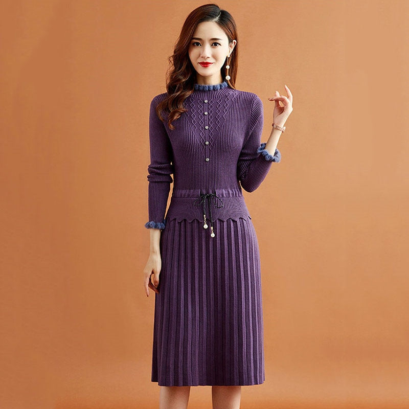 Two Pieces Pleated Knitted Dress Women Vintage Elegant Bottoming Sweater Dresses Slim Long Sleeve Fall Winter Midi Vestidos