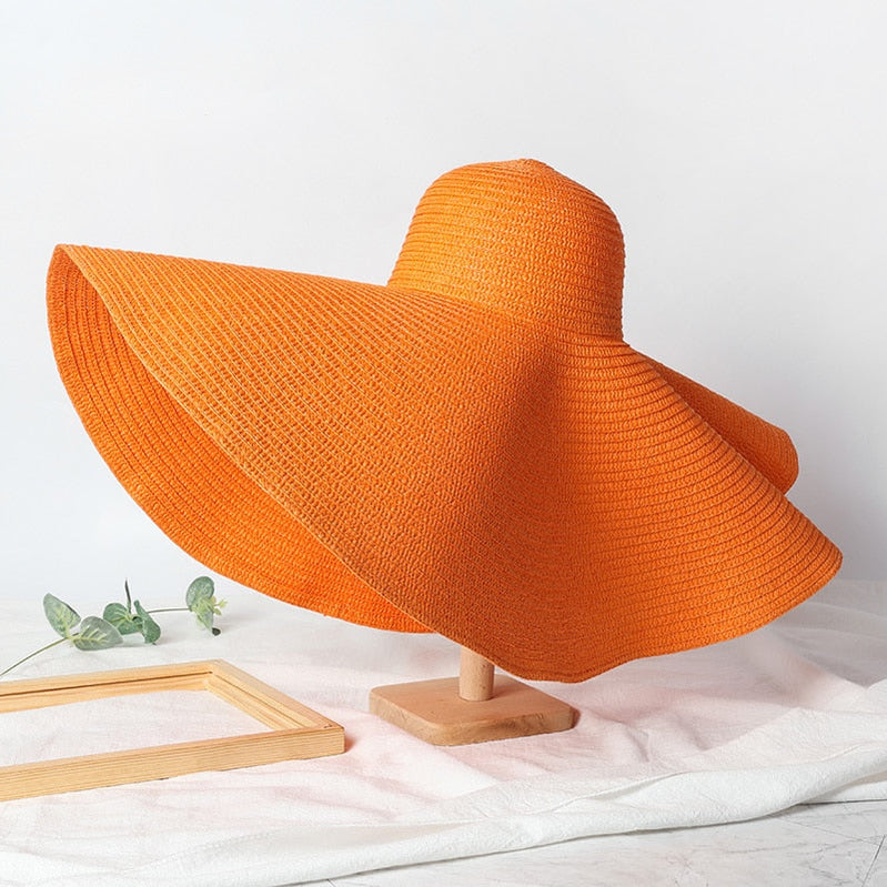 Summer 70cm Large Wide Brim Sun Hats For Women Oversized Beach Hat Foldable Travel Straw Hat Lady UV Protection Sun Shade Hat orange 54-57cm