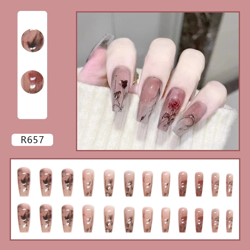 24Pcs/Box Red Ballerina Fake Nails Press On Nial Art Tips False Nails Press On Nails Coffin Artificial Nails