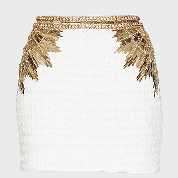 HIGH STREET Newest 2023 Designer Fashion Women's Stunning Metallic Diamonds Strass Handwork Beaded Tweed Mini Skirt