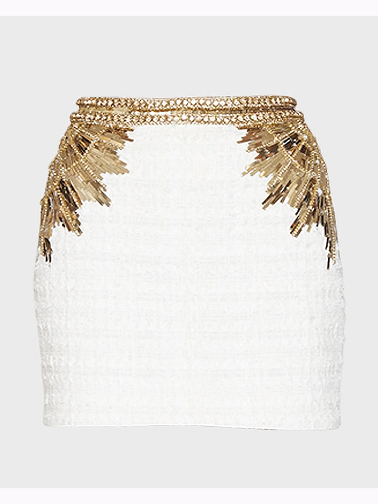 HIGH STREET Newest 2023 Designer Fashion Women's Stunning Metallic Diamonds Strass Handwork Beaded Tweed Mini Skirt