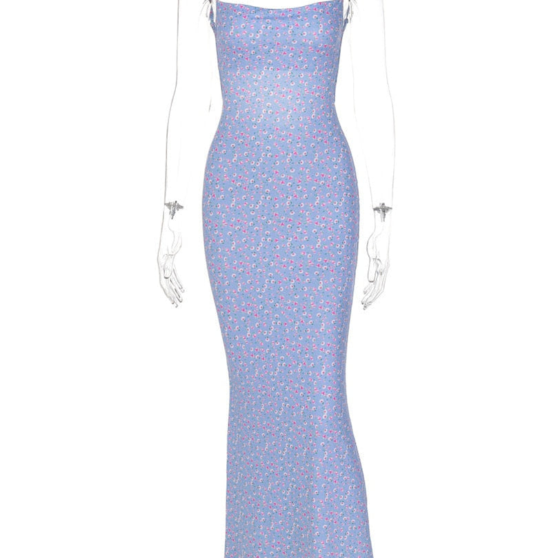 Women Midi Slip Floral Dress Print Backless Sleeveless Elegant Slim Bodycon Spring Summer Holiday Fashion Sweet