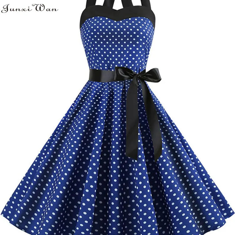 Polka Dot Dress Women Vintage Swing Halter Belt 50s 60s Rockabilly Prom Party Dresses Retro Feminino Vestidos
