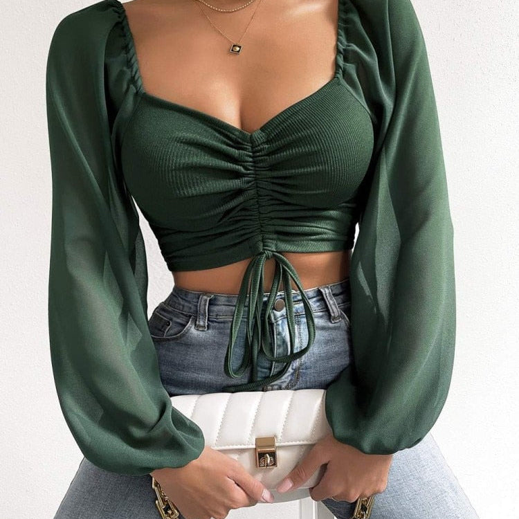 Sexy V-neck Women Blouses Drawstring Long Sleeve Crop Tops Ladies Fashion Summer Short Shirt Woman Clothes Blusas Camisas Mujer Green