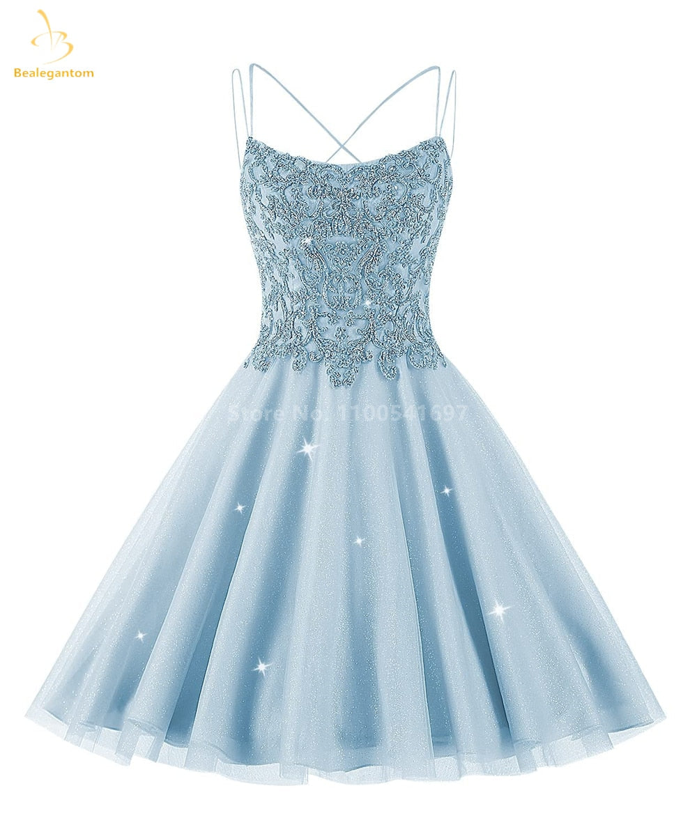 Bealegantom Lace Beaded Spaghetti Homecoming Dresses Sparkly Tulle Pageant Short Prom Party Cocktail Gown Vestidos De Graudation