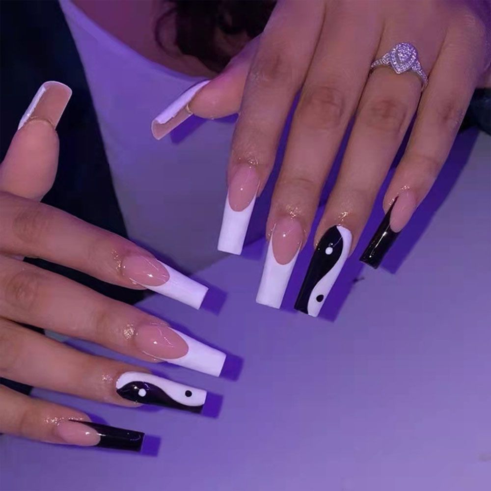 Pink Cow Design False Nail French Full Cover Long Coffin Fake Nails Glue DIY Manicure Nail Art Tools press on nails nail tips B7