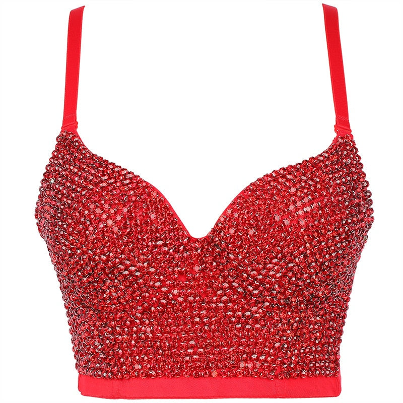 Women Tank Tops Luxury Sequined Rhinestone Pearl Wedding Push Up Bra Woman Clothes Camis Stage Ladies Crop Top Corset y2k Blusas 18-red