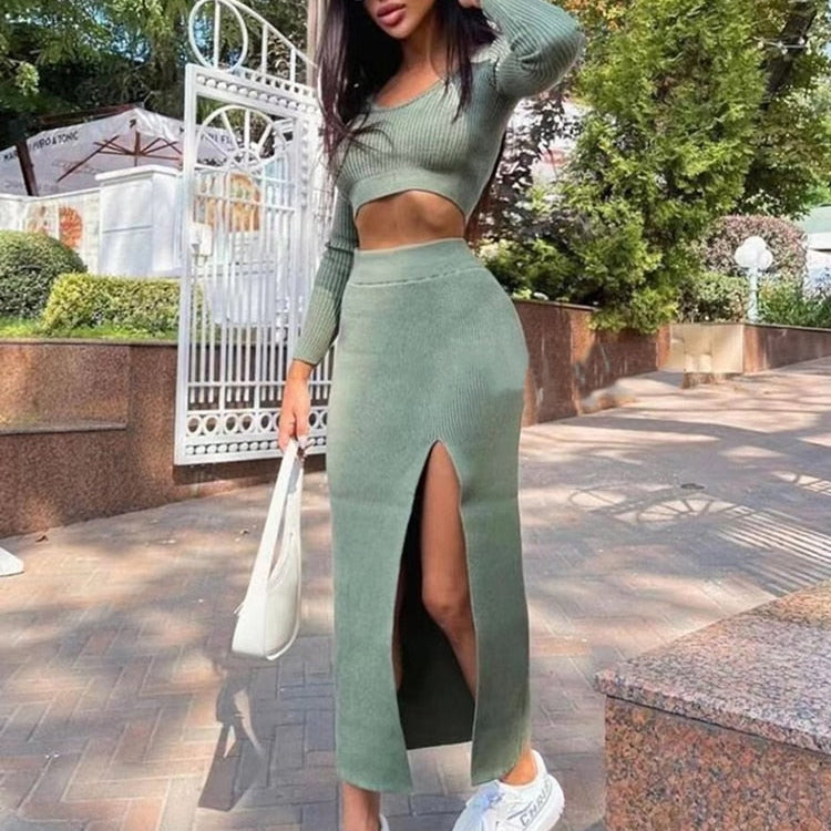 Knitted Winter Women Sexy Sweater Skirt Suit Y2K Fashion Long Sleeve Crop Tops And Long Split Skirt Dress Two Piece Sets Light Green