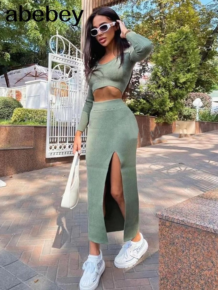 Knitted Winter Women Sexy Sweater Skirt Suit Y2K Fashion Long Sleeve Crop Tops And Long Split Skirt Dress Two Piece Sets Light Green