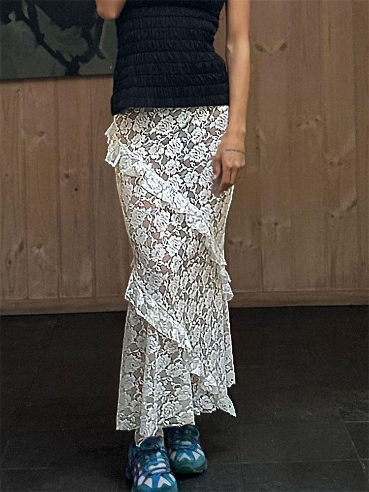 Tossy Lace Ruffled See-Through Maxi Skirt Women Slim Patchwork Party Holiday Women's Long Skirt Outfits Female Summer Maxi Skirt White One Size