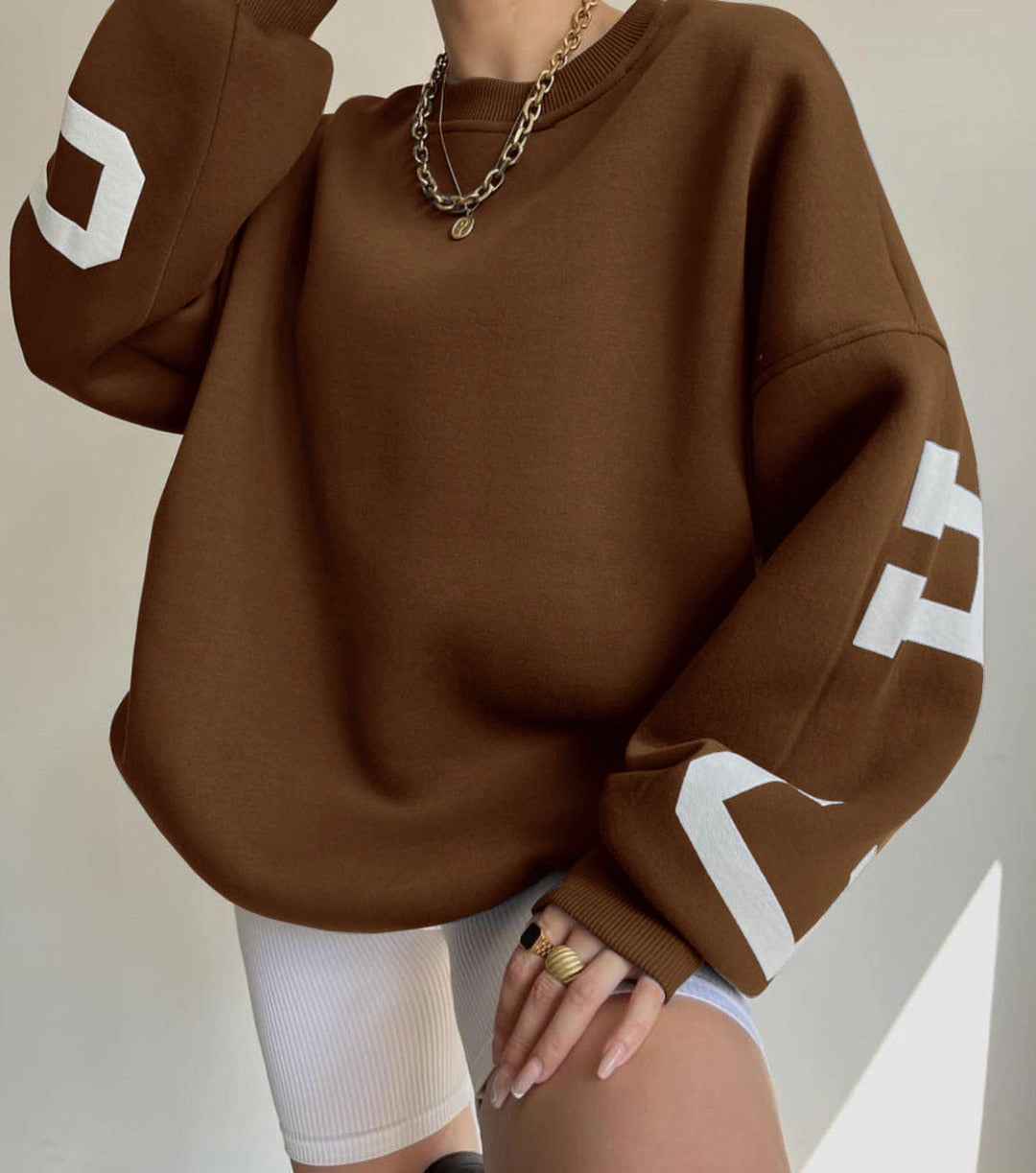 Women Casual Sweatshirts Fashion Letters Print O Neck Long Sleeve Pullovers Tops Vintage Loose Autumn Y2k Hoodies Streetwear Dark brown
