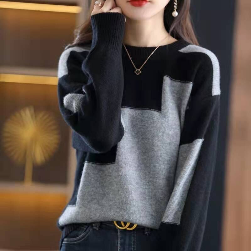 Tie Dye Spring Fall Knit Tops Women Casual Patchwork Korean Sweaters Design Contrasting Colors Pullover O-neck Knitwear Jumper grey