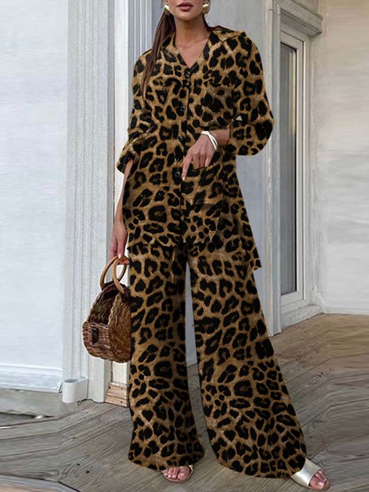 Fashion Women Leopard Print Pant Sets Casual Loose Tops and Pant Outfits Autumn Wide Leg Pant Leisure Two Piece Sets