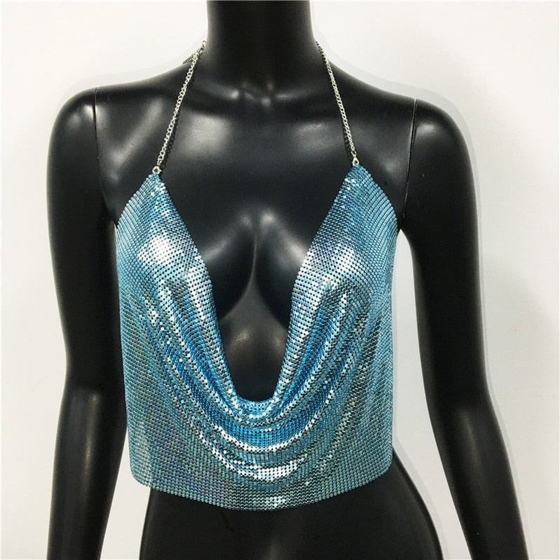 Women Sexy Metal Sequined Tank Camis Summer Gold Silver Backless Cropped Glitter Beach Club Show Wear Tank Tops sky blue 25 cm One Size