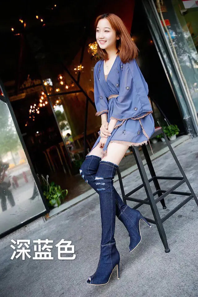 Women Boots Spring Thigh High Boots Denim Boots Women High Heels Women Shoes Peep Toe Tassel Jean Boot Ladies Shoes Boots dark blue