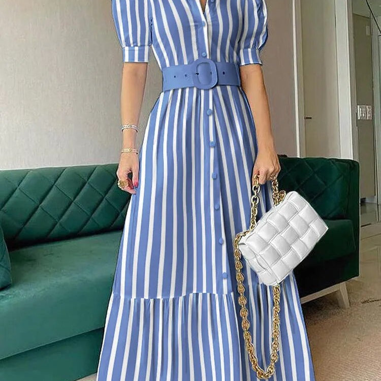 Short Sleeve Elegant Party Dresses For Women High Waist Gowns Button Design Women's Luxury Fashion Summer Clothes Chic Long