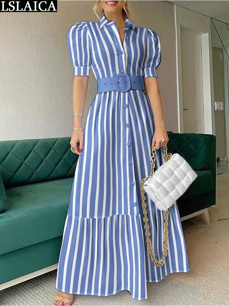 Short Sleeve Elegant Party Dresses For Women High Waist Gowns Button Design Women's Luxury Fashion Summer Clothes Chic Long