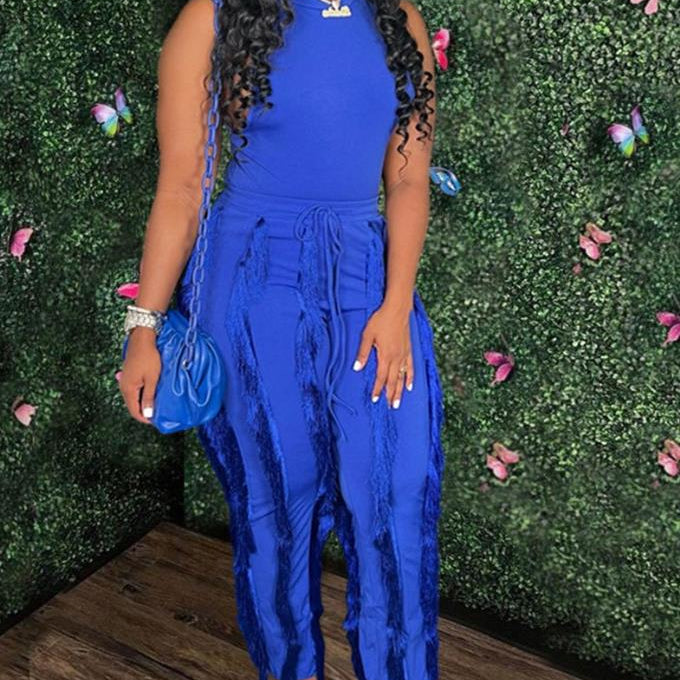 Fashion Solid Romper Casual Tank Top & Tassel Decor Drawstring Pants Set Skinny Tank Jumpsuits Summer Female Outfit Streetwear