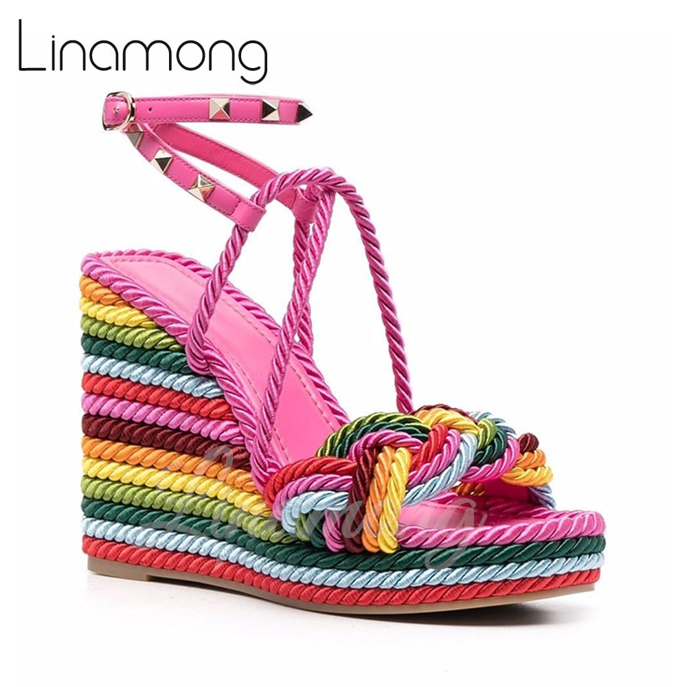 Multicolor Hemp Rope Rivet Espadrilles Strap Platform Wedge Summer Sandals for Women Designer Style Fashion Sandals New Arrival Rosy Red