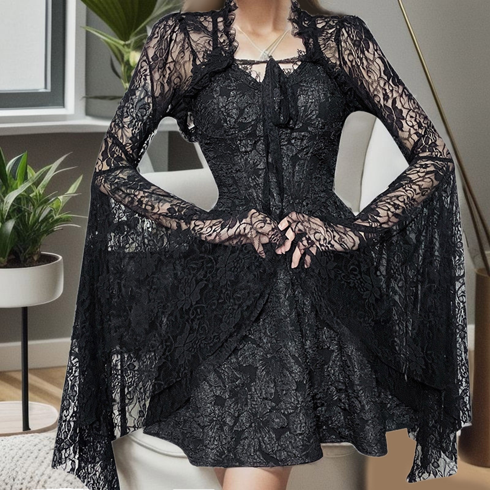 Gothic Black Lace Cardigan Women Halloween Mesh Flare Sleeve See Through Sexy Smock Top Elegant Aesthetic Cropped Tops Y2K