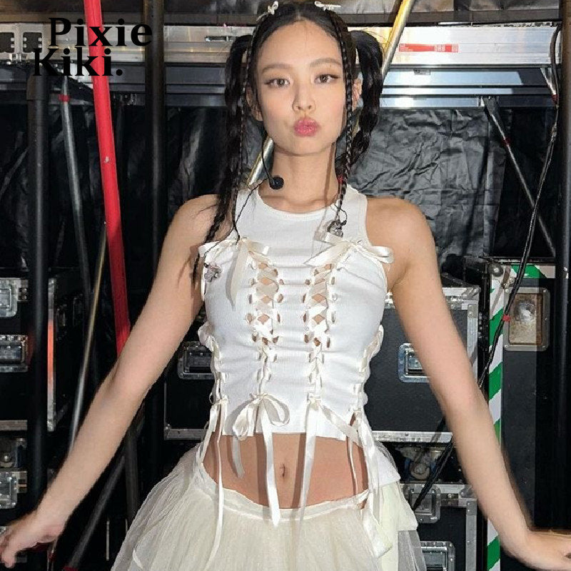 PixieKiki Y2k Fairy Aesthetic Bow Lace Up Hollow Out Ribbed Crop Tops White Summer Sexy Tank Top for Women Summer 2023 P33-BC10