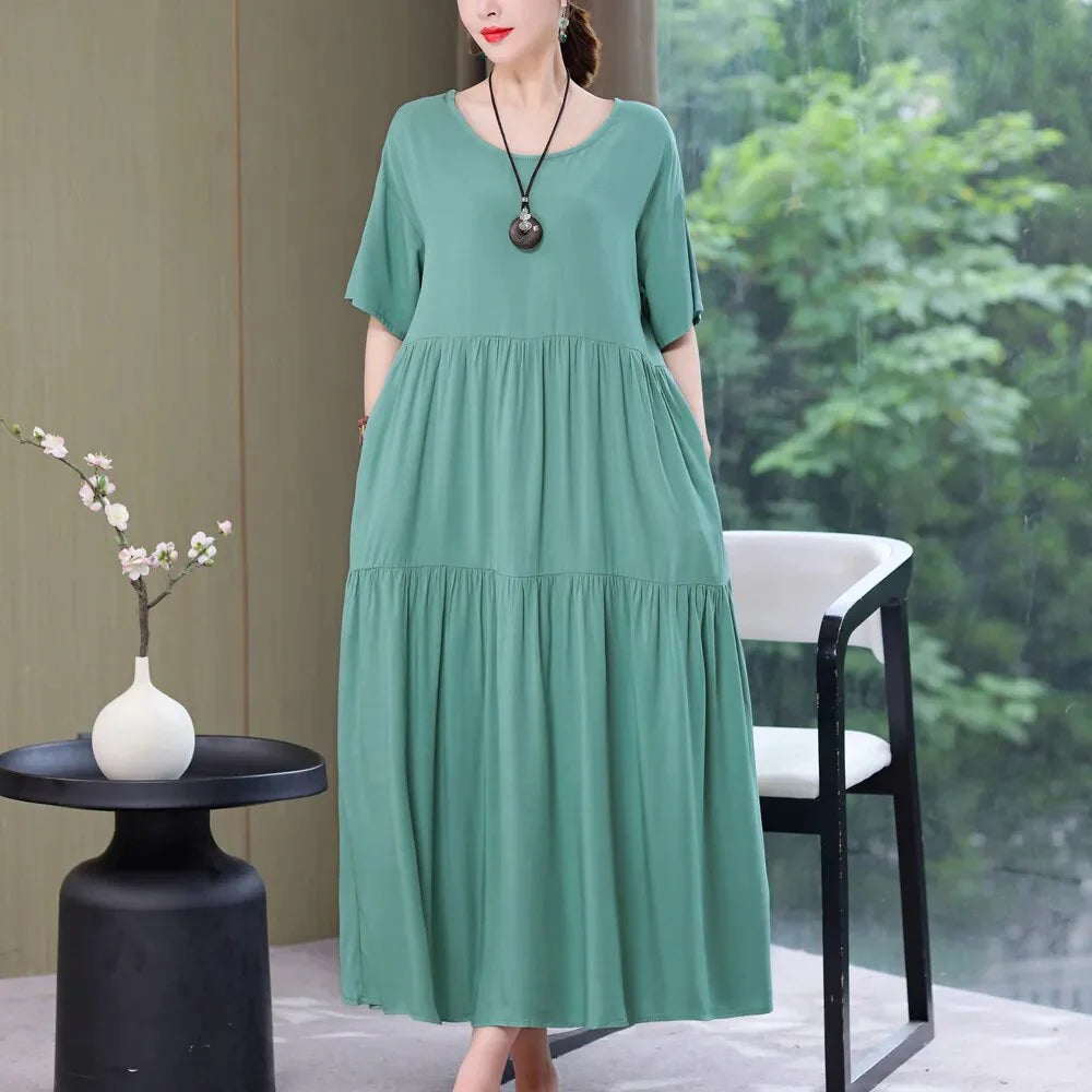 New Fashion Causal Summer Dresses For Women Loose Solid Long O-neck Dress Vintage Short Sleeve Womens Clothing Light Green