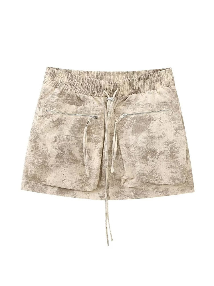 Women Spring Pilot Jackets Skirt Sets Fashion Print Long Sleeved Short Coats Pockets Elastic Waist Mini Skirts Outwear