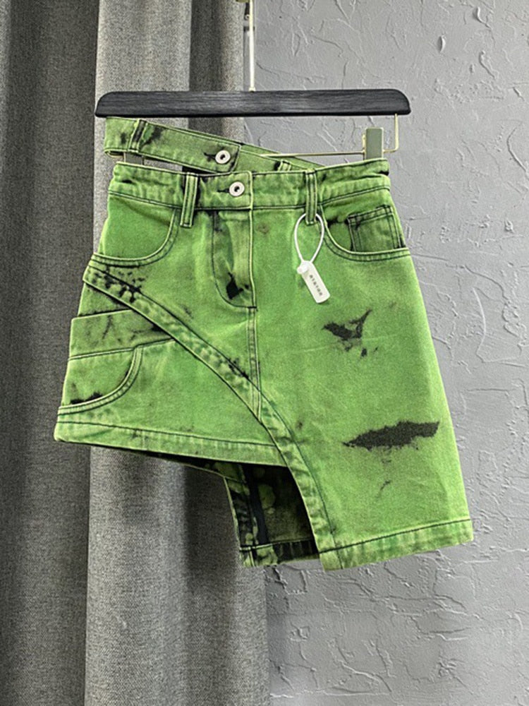 Fashion Women's Personalized Double Waist Design Green A-line Denim Skirt Asymmetric Hot Girl Short Skirts 2023