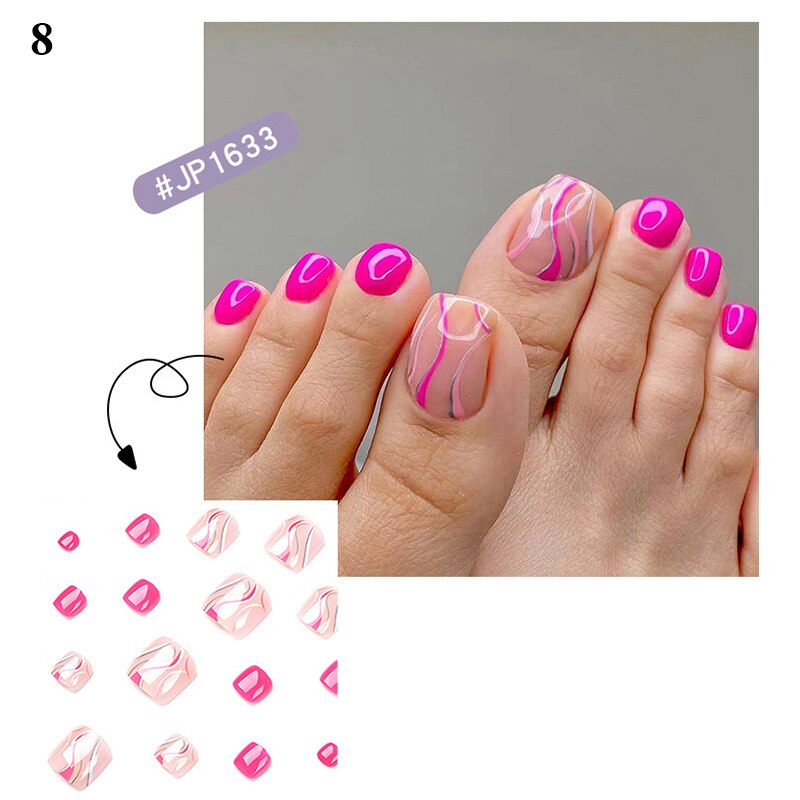False Toenail 24Pcs/Box Toe Nail 3D Glitter Decor Press On Fake Nails With Glue Detachable Square Short Full Cover DIY Nail Tips