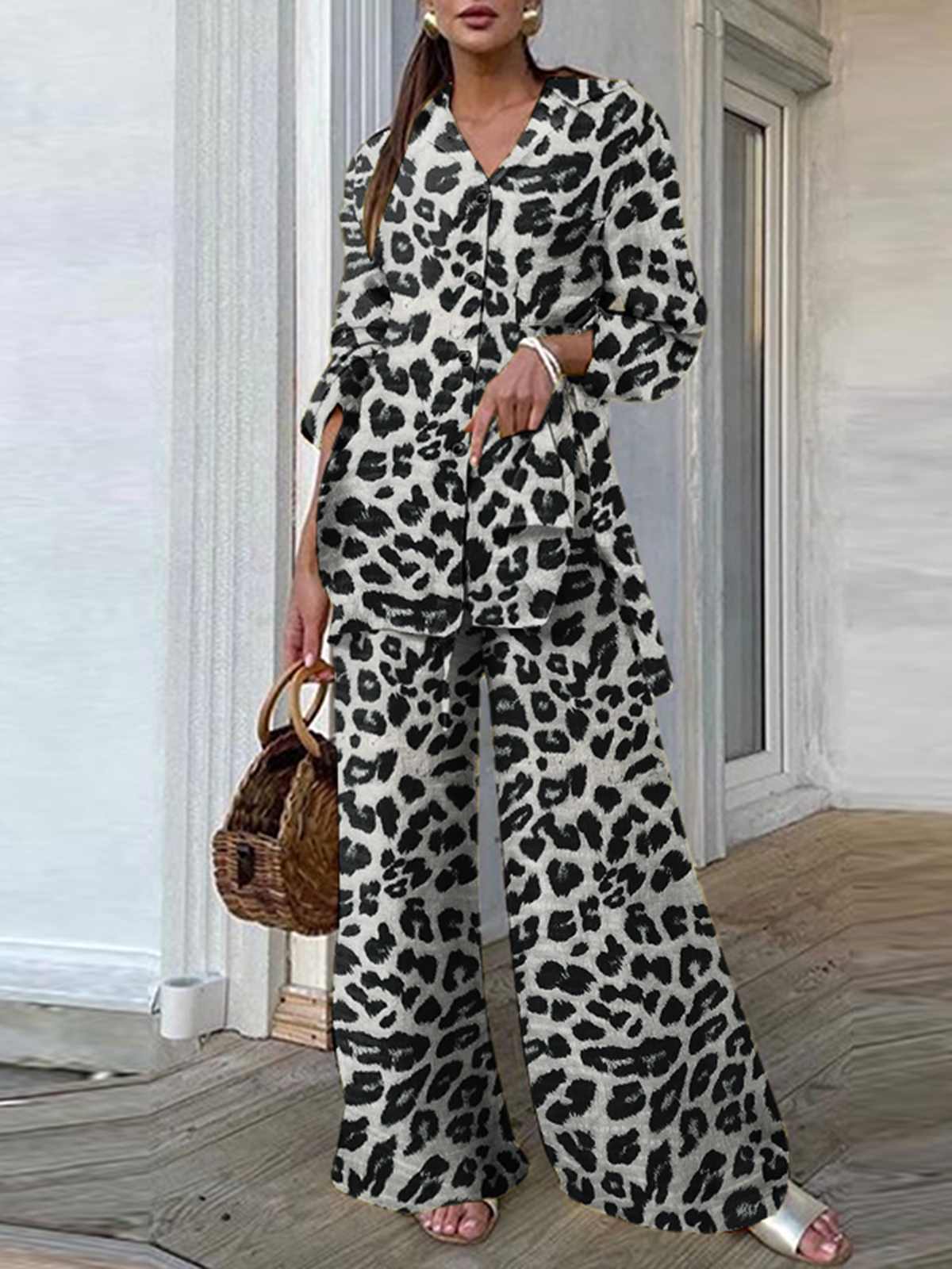 Fashion Women Leopard Print Pant Sets Casual Loose Tops and Pant Outfits Autumn Wide Leg Pant Leisure Two Piece Sets