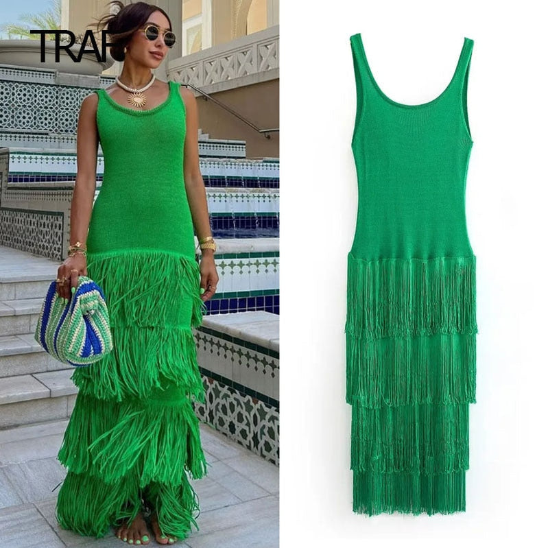 Fringing Slip Dress Summer Dresses For Women Backless Sleeveless Casual Long One-Piece Dress Elegant Prom Party Dress