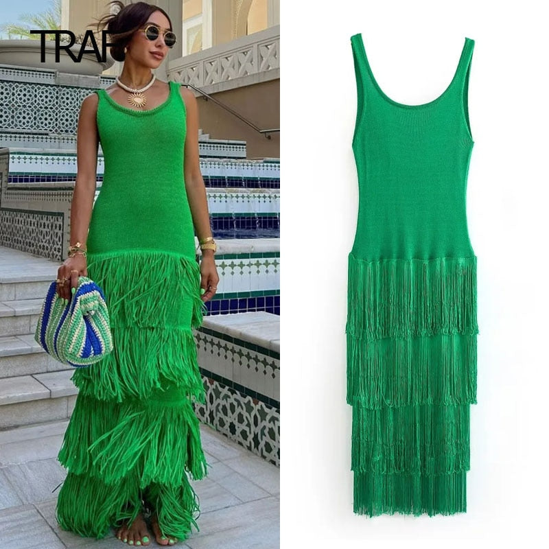 Fringing Slip Dress Summer Dresses For Women Backless Sleeveless Casual Long One-Piece Dress Elegant Prom Party Dress