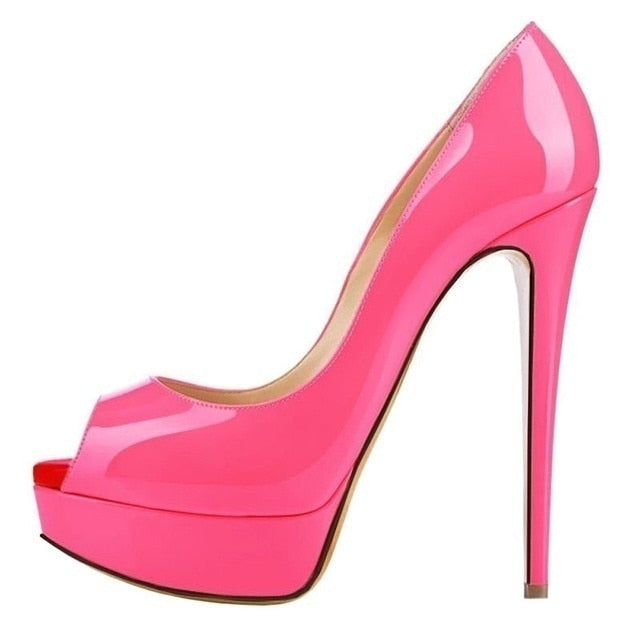 Women Pumps Sexy Platform Peep Toe 14cm Extremely High Heels Woman Patent Leather Nighclub Red Wedding Shoes Gradient Stiletto