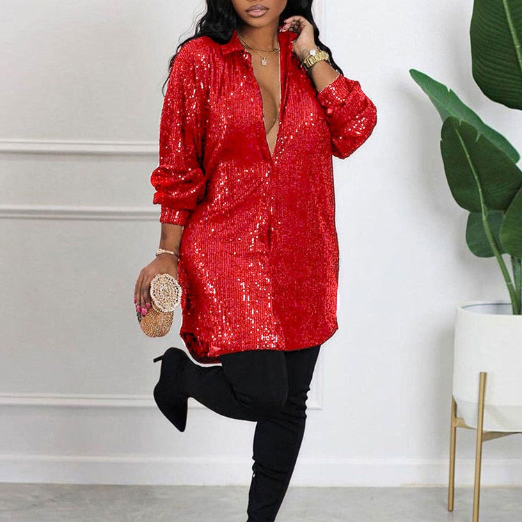 Elegant Evening Party Short Shirt Dress for Women Outfit Luxury Sequin Long Sleeve Spring Fall Birthday Club Dresses Vestidos