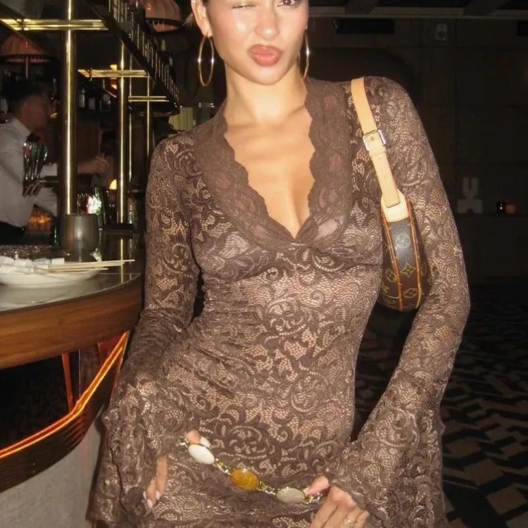Sexy See Through V-neck Longsleeve Lace Mini Dress Women Summer Skinny Hollow Out Dresses Club Party Clothes