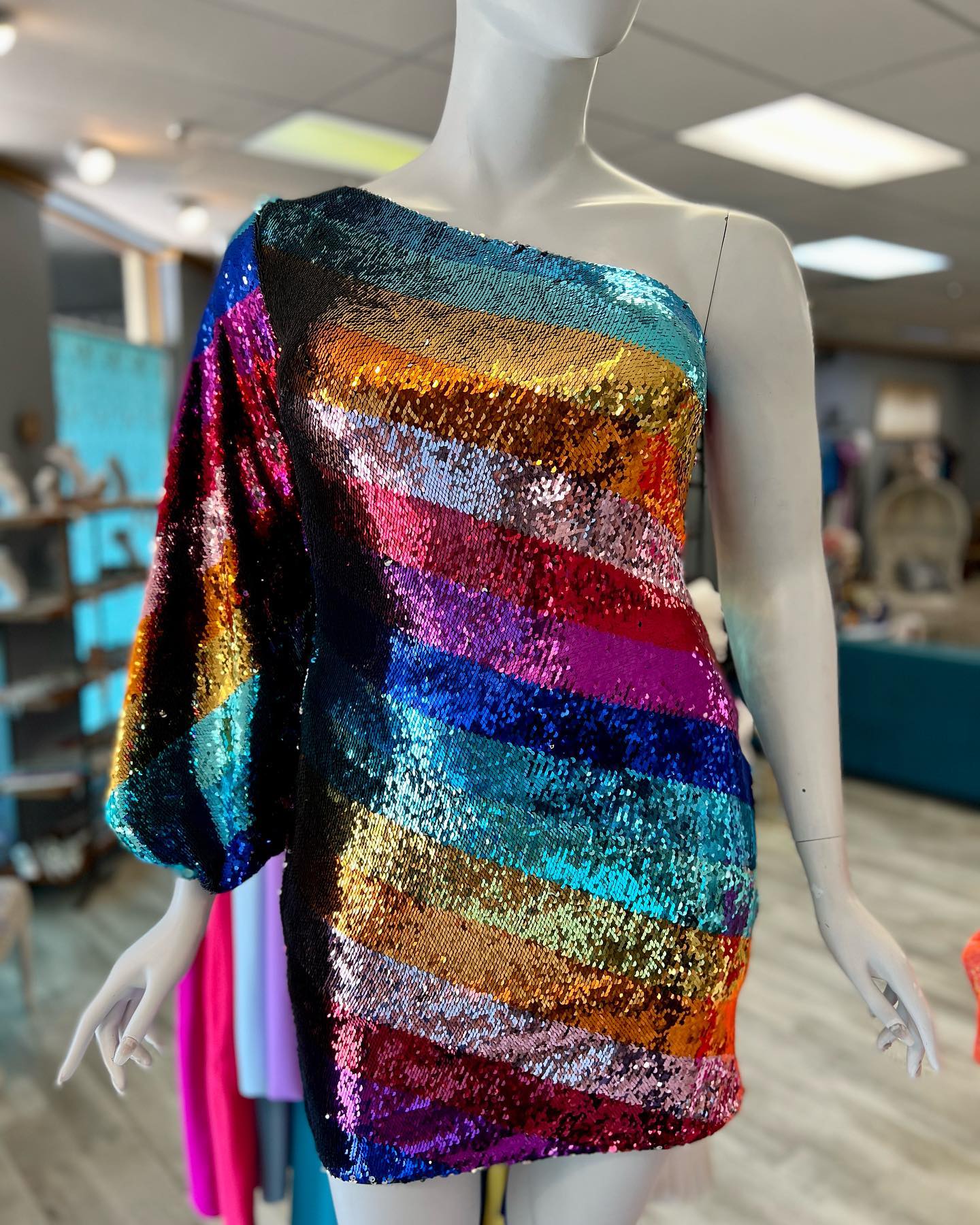 Multicolor Cocktail NYE Dress One Long Sleeve Rainbow Sequins Lady Formal Event Mini Party Gown Club Night Out Hoco Gala