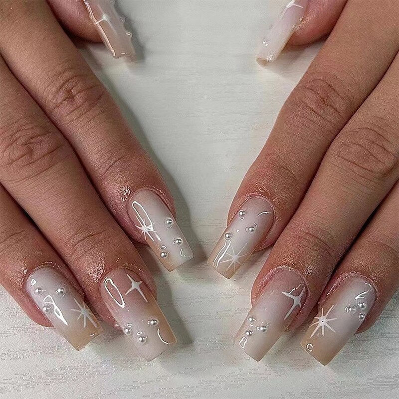 Blue Glitter Powder Waves Design Wearable Nail Art Glossy Fake Nails Short Ballet Finished False Nails Press on Nails with Glue